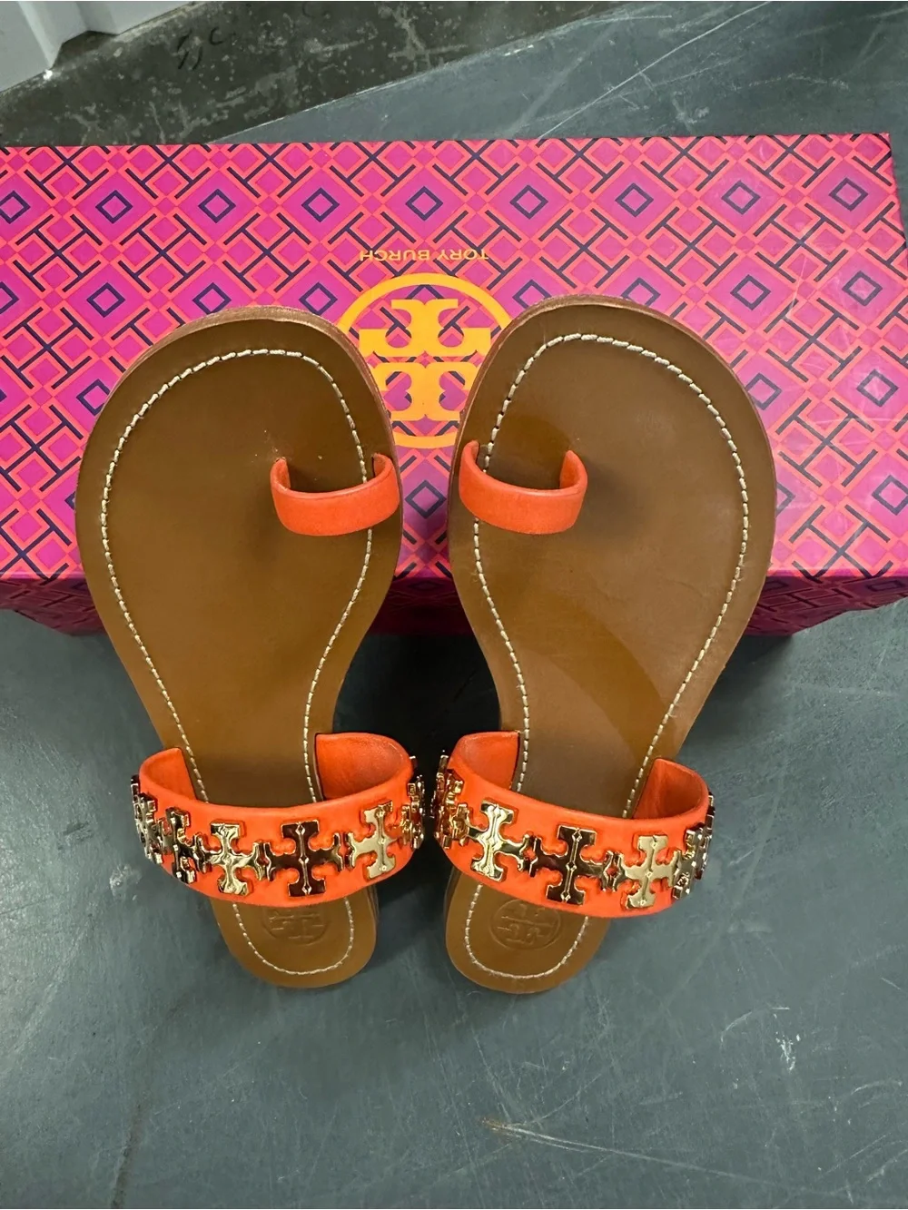 Tory Burch Orange Leather Jolie Toe Ring Slide Sandals Gold Hardware Size 6M